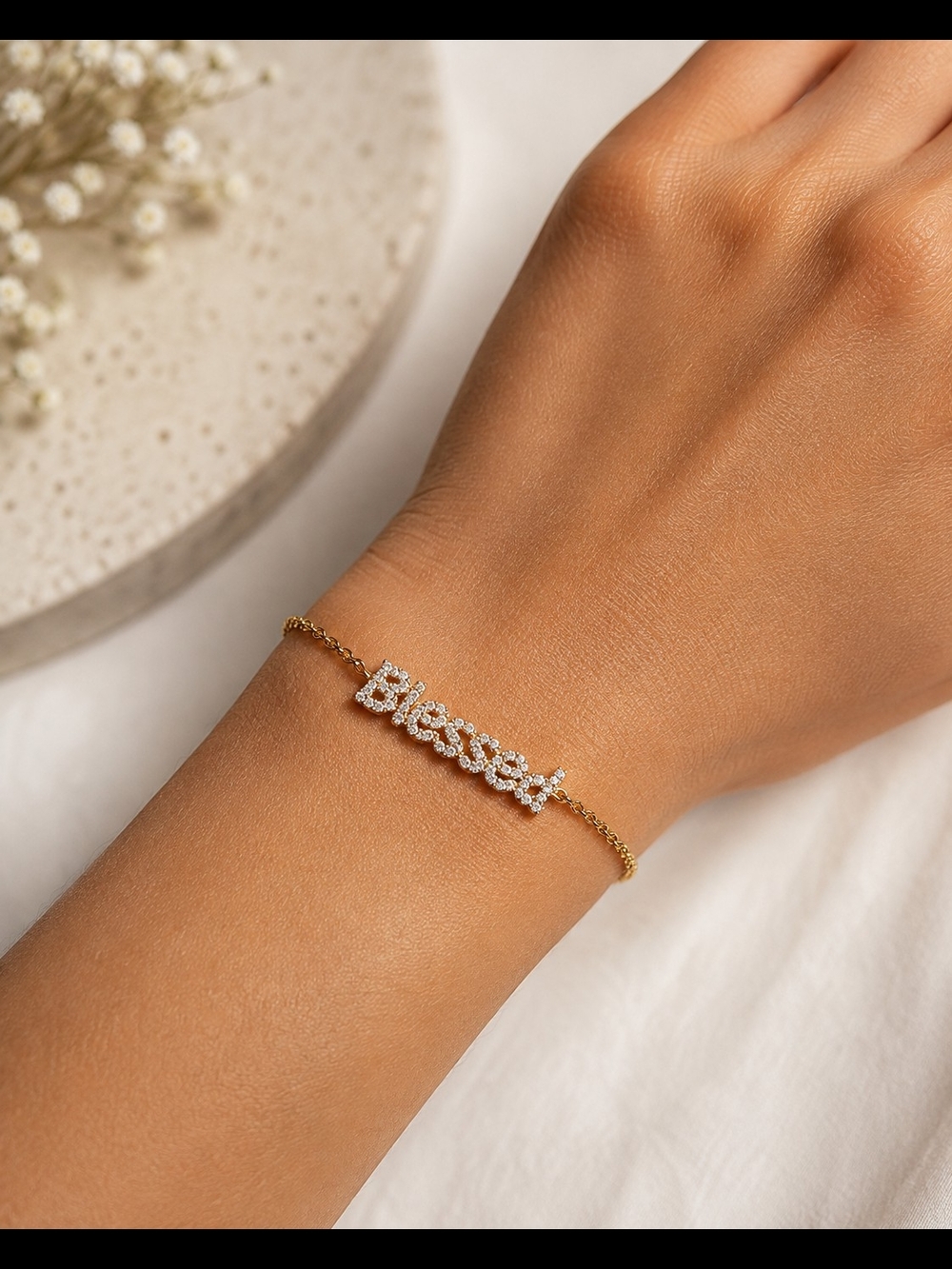18k Gold Dipped 'Blessed' Cubic Zirconia Script 6.5in Bracelet